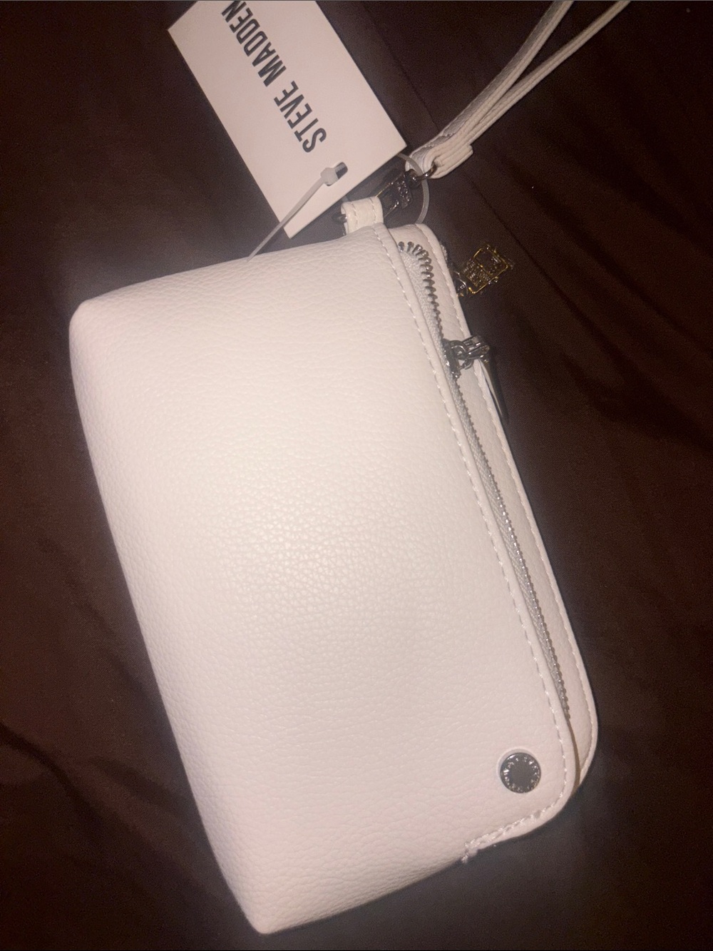 Steve Madden White Zip Wristlet with Silver Hardware